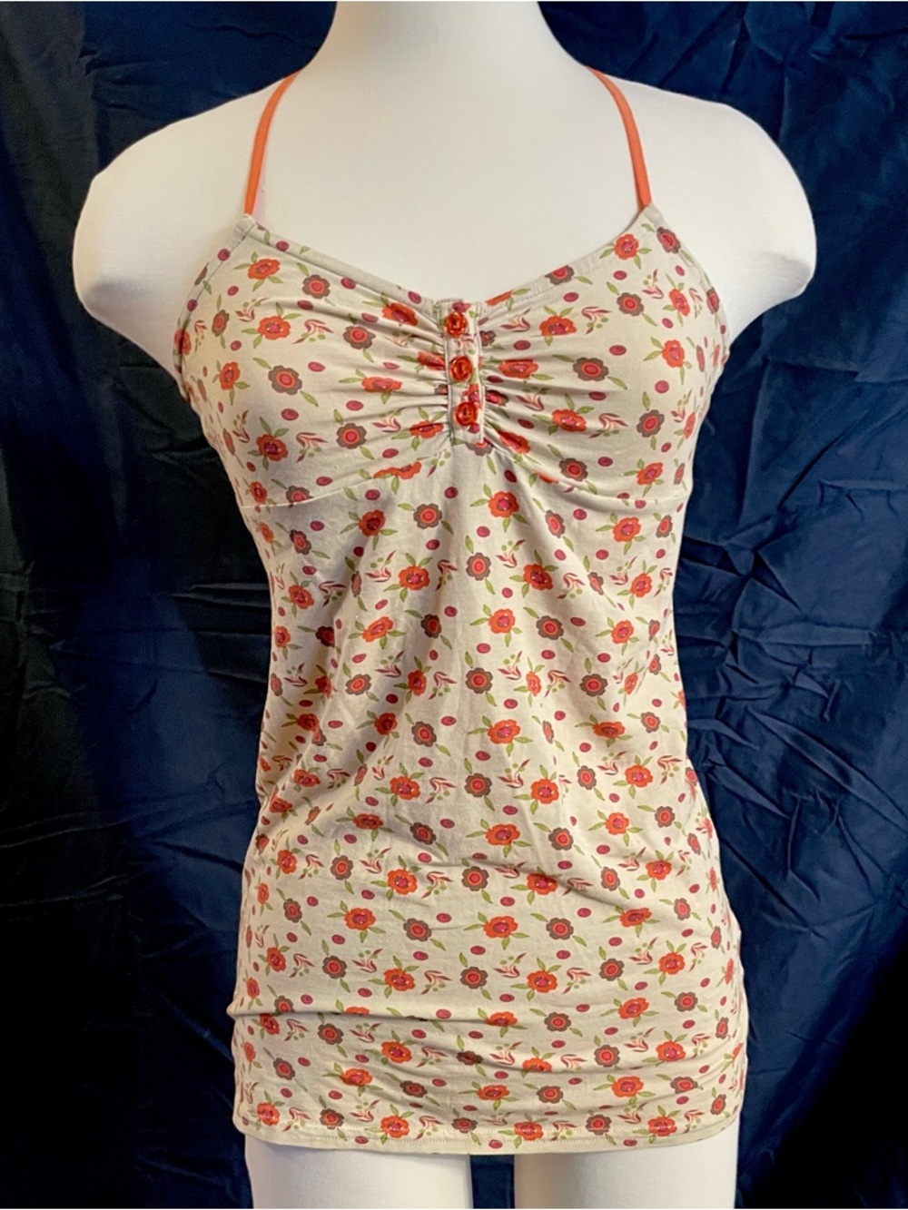 Free People Cream Floral Print Tank Top with Orange Straps